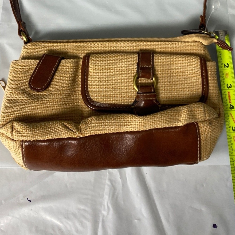 Vintage Style Woven Canvas Crossbody Bag Brown Faux Leather‎ Trim Small Purse